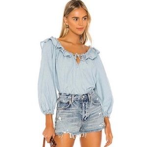 Free People Lily Of The Valley Chambray Blue Denim Keyhole Blouse